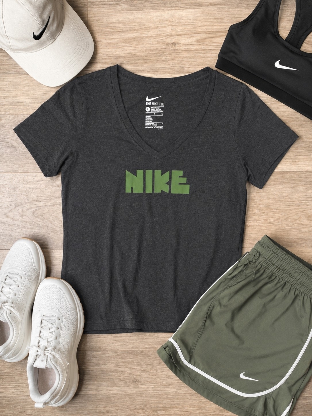 Nike Charcoal V-Neck Tee with Olive Green Logo